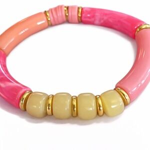 Pink Coral Tones Acrylic Bamboo Tube Stretch Bracelet Gold Tone Seperators